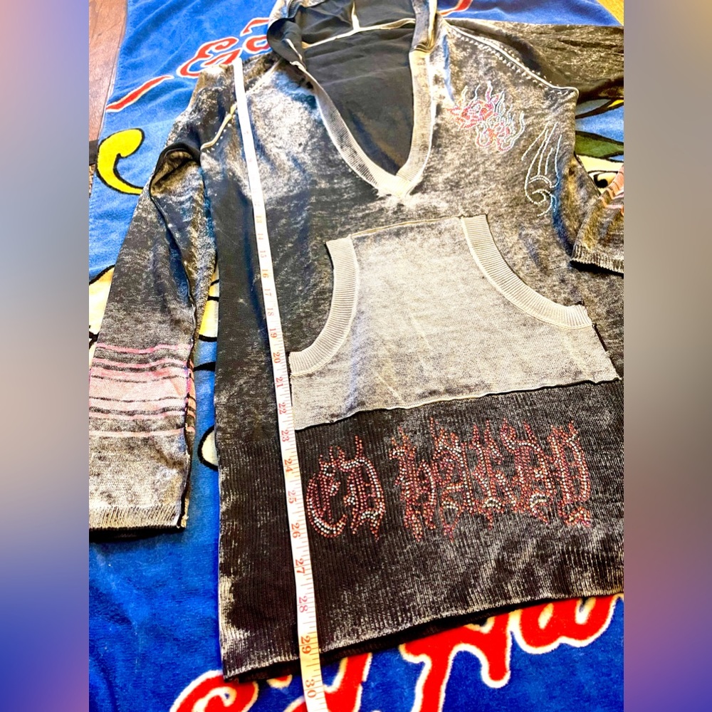 Ed Hardy Christian Audigier hooded pullover burnout acidwash hoodie sweater Y2k - Picture 6 of 8